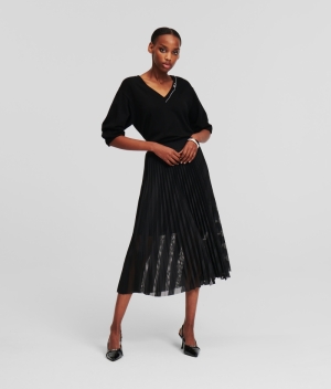 DIAGONAL MESH PLEATED SKIRT 999999/BLACK